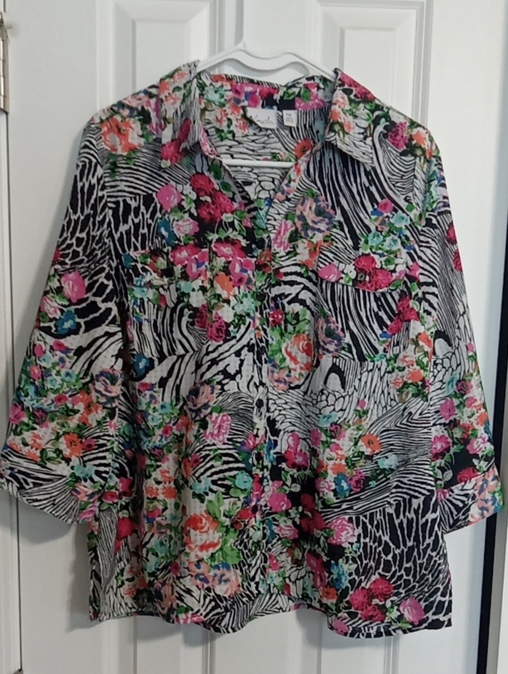 Kim Rogers Black Button-Down Top with Multicolor Floral Print